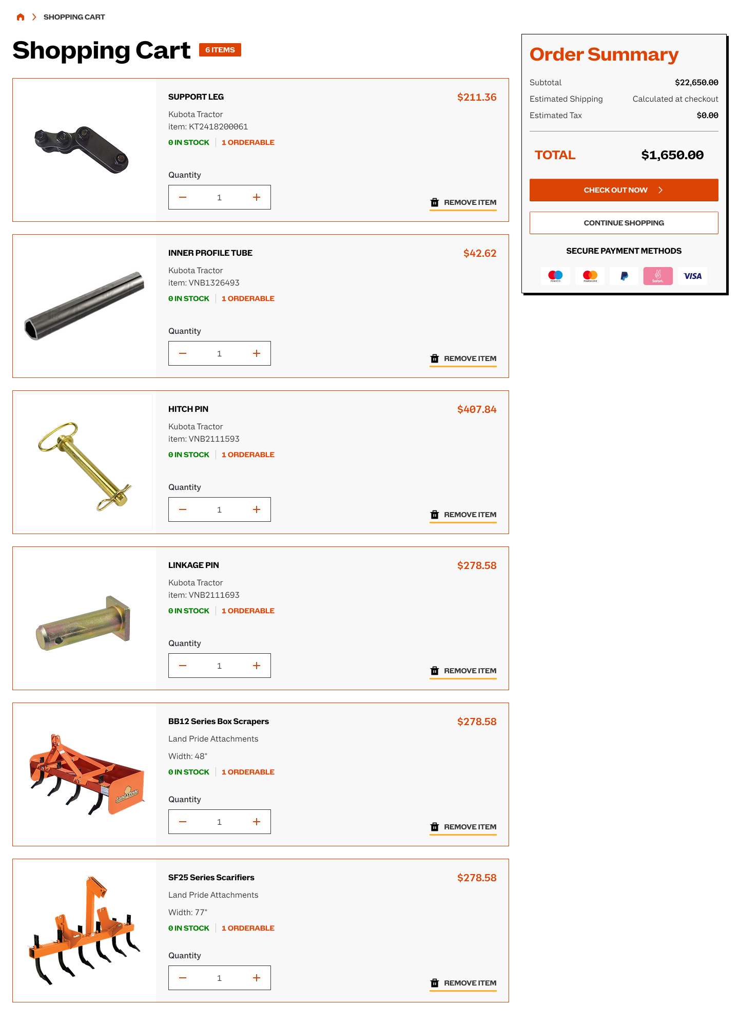 Scholten Equipment shopping cart with parts, quantities, stock indicators and an order summary