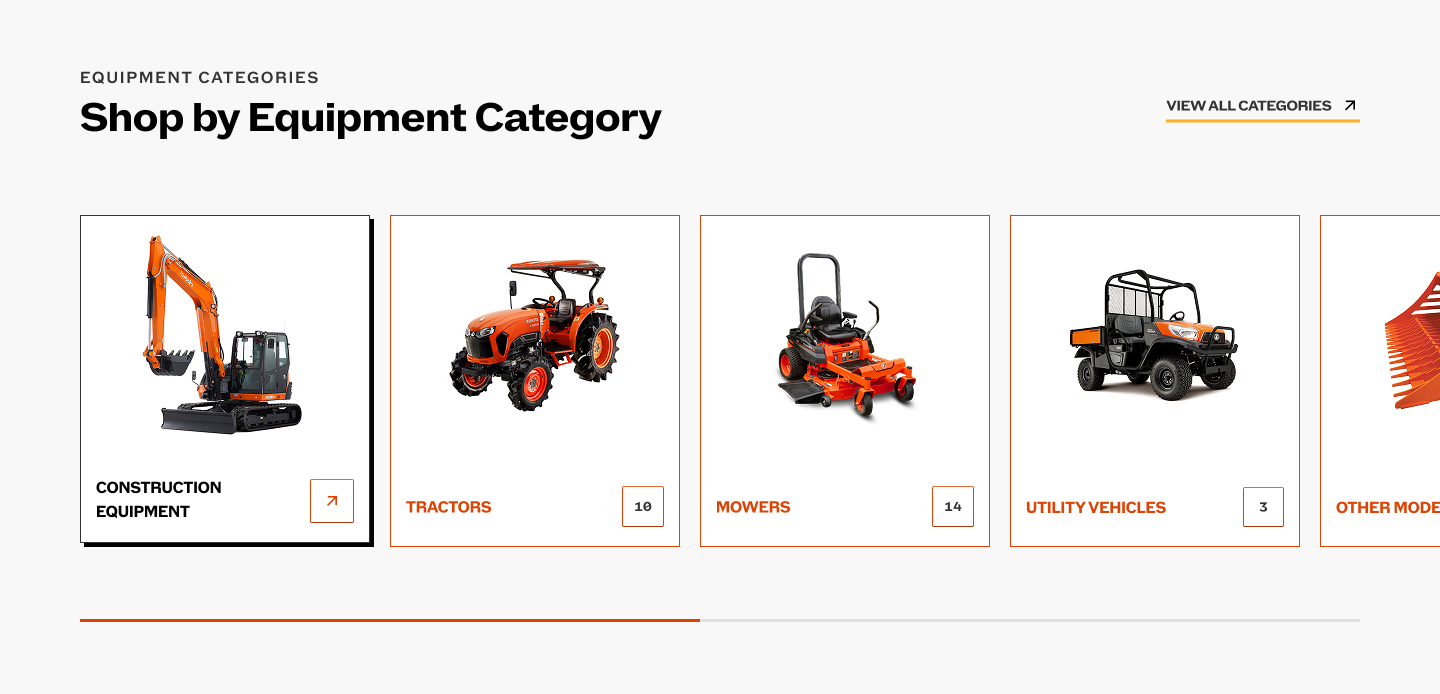 Scholten Equipment category cards for construction equipment, tractors, mowers and utility vehicles