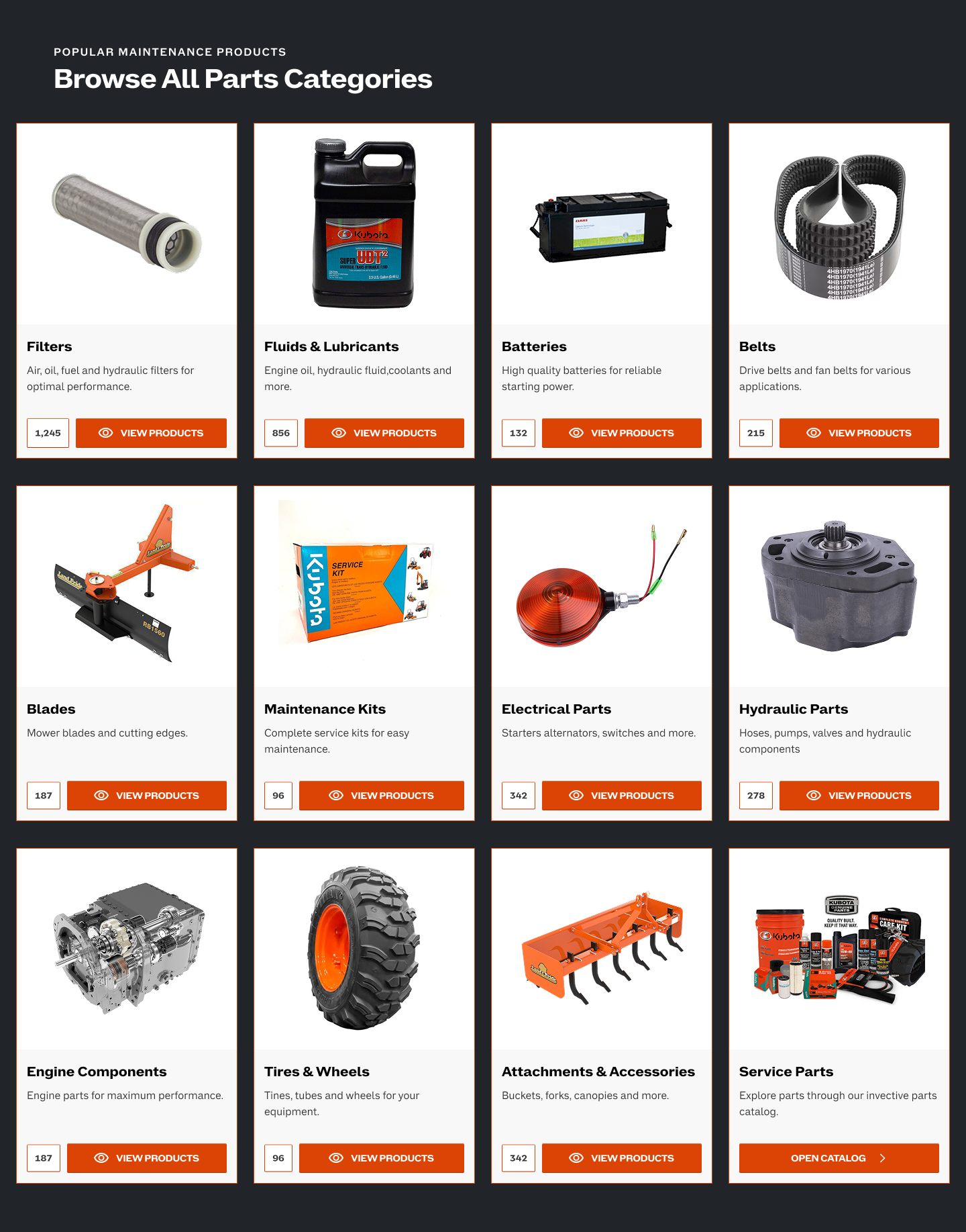 Scholten Equipment maintenance parts categories including filters, fluids, batteries and belts