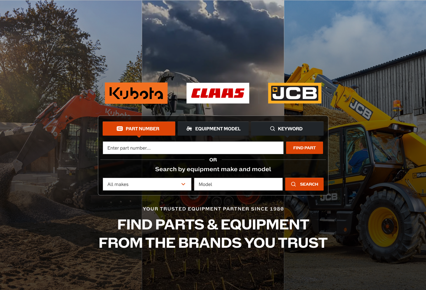 Scholten Equipment search panel with part number, equipment model and keyword options