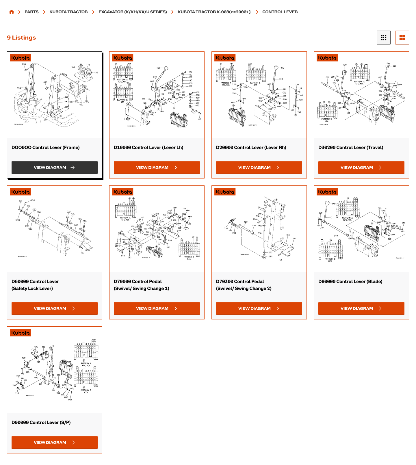 Scholten Equipment Kubota catalogue with exploded-view control lever and pedal diagrams