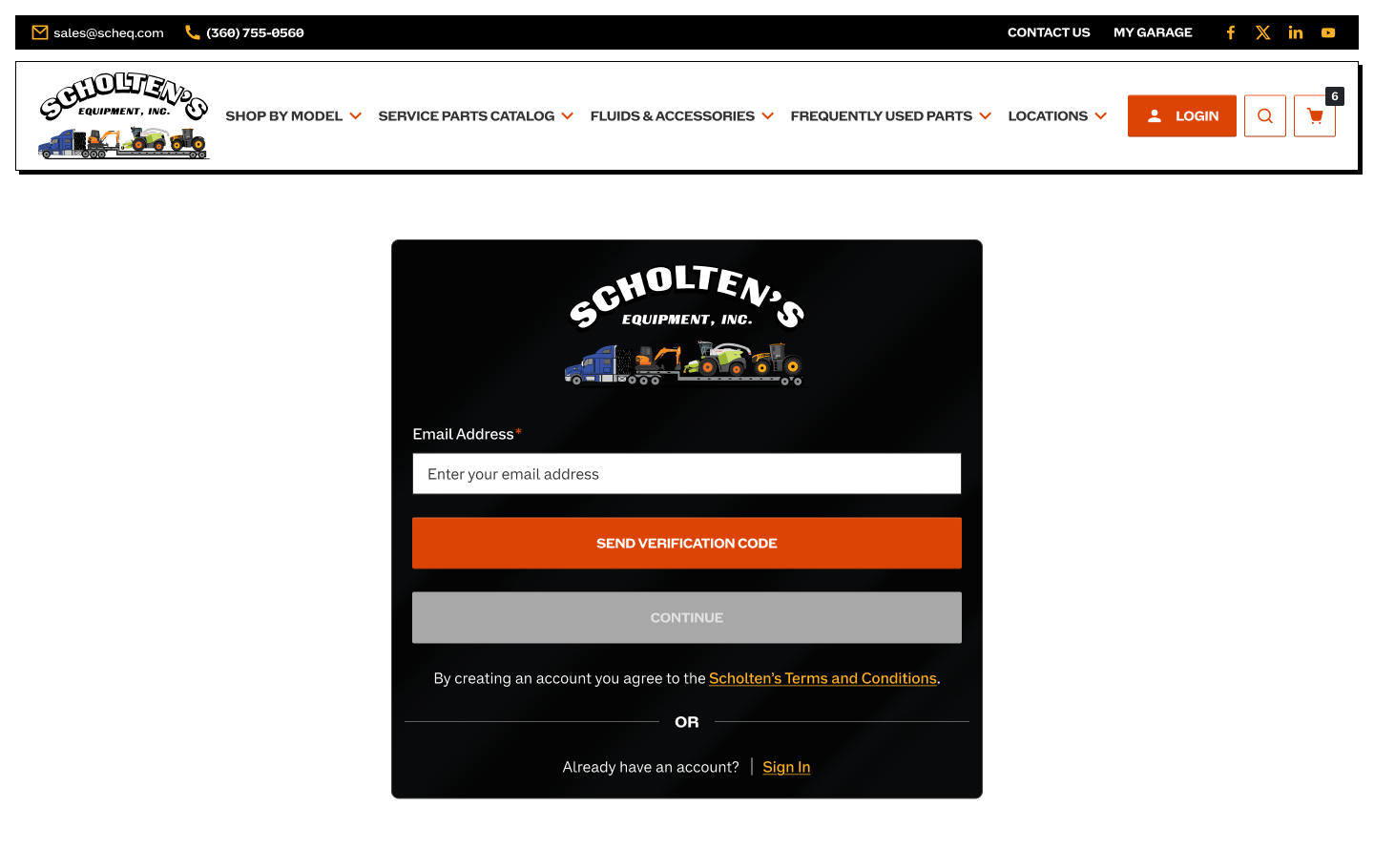 Scholten Equipment account registration screen with email verification